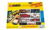 277. A Corgi Juniors 3021 Emergency 999 Gift Set, comprising Land Rover Wrecker, Mercedes Bus with black scorch marks, ERF Fire Tender, Range Rover Police, Ford Capri Fire Chief, Binz Ambulance,