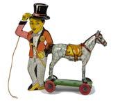 407. Moko Jumbo Elephant and other Circus Tinplate Toys, Jumbo in grey and red, F, TPS Japan clockwork Elephant pulling two clowns with balls and one in a wheel, F and seal with revolving ball, with