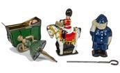 Tinplate Ballerina and other Toys, Einfalt green Ballerina with gyro function and ratchet, post war Wells- Brimtoy green tinplate Pram with four 5 x 19 Balloon Tyres with small plastic doll, Brimtoy
