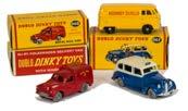 A Dinky Toys 176 Austin A105 Saloon, grey body, red flash and hubs, 157 Jaguar XK120 Coupe, red body and hubs, 181 Volkswagen, green body, mid-green hubs, 103 Austin Healey, cream body, red interior