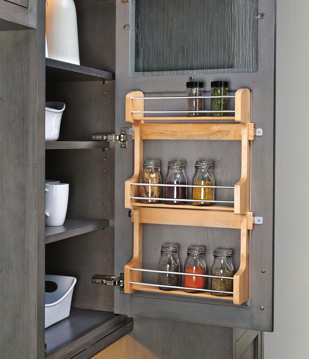 4SR SERIES DOOR MOUNT SPICE RACK Design for 5", 8" and 2" wall cabinets Can house spice bottles up to 2-4" diameter construction with semi-gloss finish 4-screw installation Adjustable mounting
