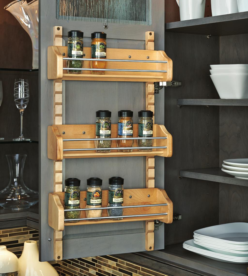 4ASR SERIES ADJUSTABLE DOOR MOUNT SPICE RACK Designed for 5", 8" and 2" wall cabinets Can house spice bottles up to 2-4" diameter construction with semi-gloss finish 4-screw installation (3)