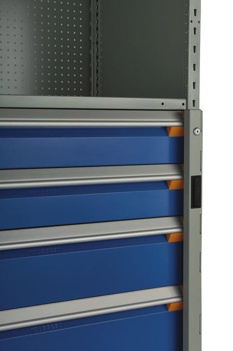A Activated with the right hand by sliding the mechanism with thumb; Drawer and roll-out shelf closes without having to reactivate the slide mechanism; Stops drawer and roll-out shelf from opening on