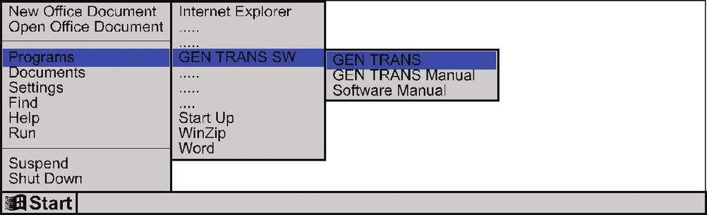 8.2.1 To run the software 1. Press the START icon. 2. Then select Programs\GEN-TRANS. 3.