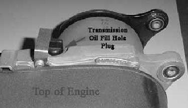 Remove the transmission box fill hole plug locate on top of the transmission box near the oil tank bracket on the left hand side of the unit. 4. Allow the oil to drain completely (15-30 min). 5.