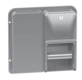 Constructed of architectural satin finish stainless steel. Recess-mounted, non-controlled delivery toilet tissue holder. Cabinet holds two rolls up to 1½" W x 5¼" diameter standard core toilet tissue.