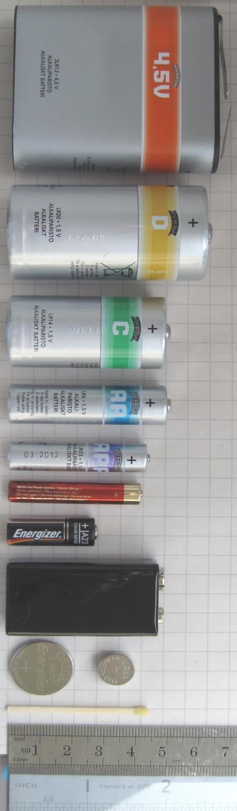 4.5 V lantern D (R20) torch battery C (R14) torch battery AA (R6) torch battery AA (R03) pencil battery AAAA (R61) battery A23 (8LR932) battery 9-Volt