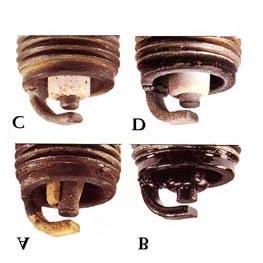 Spark Plug Remve the spark plug rubber prtectin bt and high-tensin lead, and remve/inspect the spark plug. Picture A depicts a spark plug that has a brken insulatr.