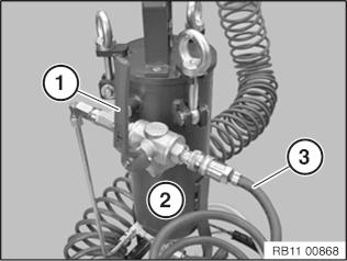 Operating pressure 6-8 bar. Close main valve (1) on blasting tool (2). Connect compressed air (3).