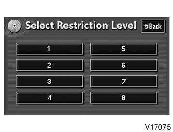 Push the number for the password and the Enter switch. The Select Restriction Level screen will appear. If you enter a wrong number, push the Clear switch to delete the number.