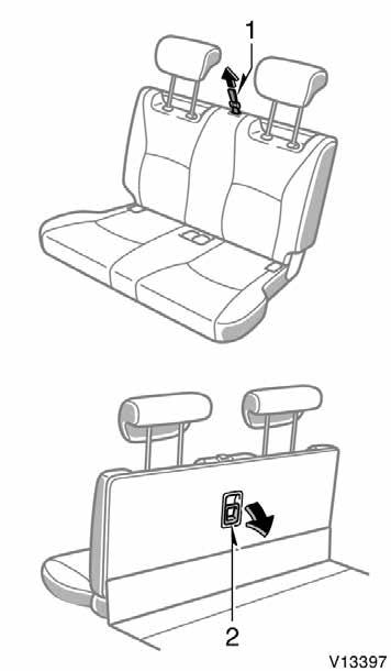 Adjusting third seat From front From rear 1. SEATBACK ANGLE ADJUSTING STRAP Lean forward and pull the strap toward you. Then lean back to the desired angle and release the strap. 2.