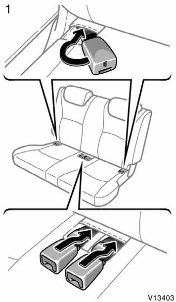Folding down third seat BEFORE FOLDING DOWN THIRD SEAT Make sure that the seat is clear of people and luggage. 1. Stow the third seat seat belt buckles as shown in the illustration.