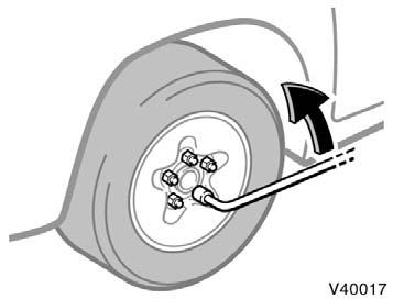 3. Remove the wheel ornament. Pry off the wheel ornament, using the beveled end of the wheel nut wrench as shown. CAUTION Do not try to pull off the ornament by hand.