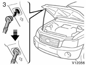 Theft deterrent system 3. Hold the hood open by inserting the support rod into the slot. Before closing the hood, check to see that you have not forgotten any tools, rags, etc.