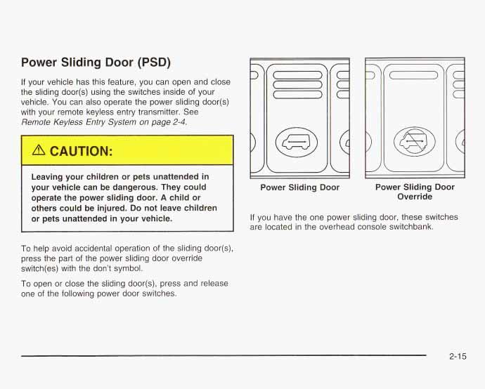 Power Sliding Door (PSD) If your vehicle has this feature, you can open and close the sliding door(s) using the switches inside of your vehicle.