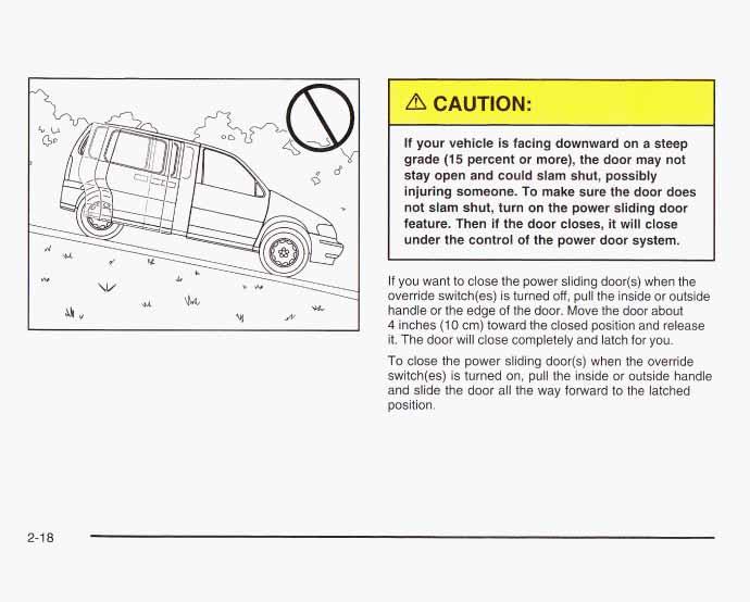 If your vehicle is facing downward on a steep grade (15 percent or more), the door may not stay open and could slam shut, possibly injuring someone.