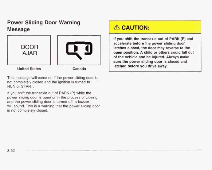 Power Sliding Door Warning Message DOOR AJAR United States Canada I If you shift the transaxle out of PARK (P) and accelerate before the power sliding door latches closed, the door may reverse to the