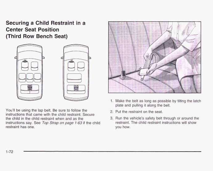 Securing a Child Restraint in a Center Seat Position (Third Row Bench Seat) You'll be using the lap belt. Be sure to follow the instructions that came with the child restraint.