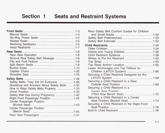 Section Seats and Restraint Systems Front Seats...... 1.3 Manual Seats... 1.3 Six-Way Power Seats... 1-4 Heated Seats... 1-5 Reclining Seatbacks... 1-5 Head Restraints... 1-7 Rear Seats.