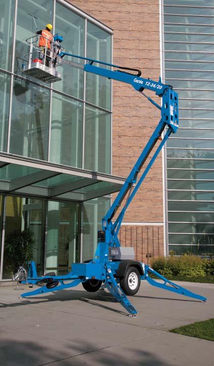 Reach Up Reach Out The Genie TZ -34/20 trailer mounted boom lift has an outstanding working envelope and intuitive controls that allow operators to effi ciently reach where they need to be.