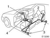 The SRS side airbag system mainly consists of the following components and their locations are shown in the illustration. 1. SRS airbag warning light 2. Side airbag module (airbag and inflator) 3.