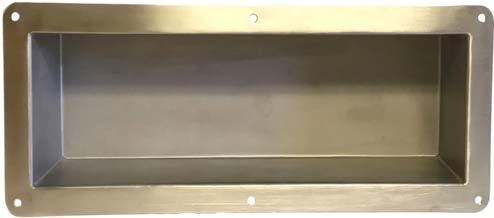 NW 619FM RECESSED SHELF, FRONT MOUNT Material: Features: Installation: 18" x 7" x 4" depth 16 ga Stainless Steel Front Mounted Brush Finish Frame Satin Finish Interior Fully