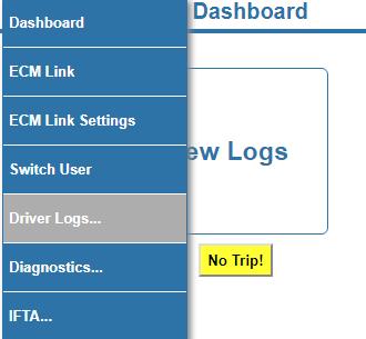 Dashboard Dropdown Menu (continued) Driver Logs: Selecting the Driver Logs menu item from the Dropdown Menu displays several features of the application related to the Driver Logs.