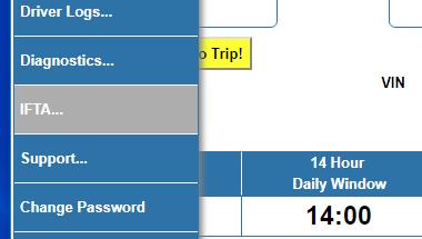 Dashboard Dropdown Menu (continued) IFTA: If enabled, the IFTA menu item available from the Dropdown menu in the driver app provides functionality that is needed to allow the driver to input Fuel