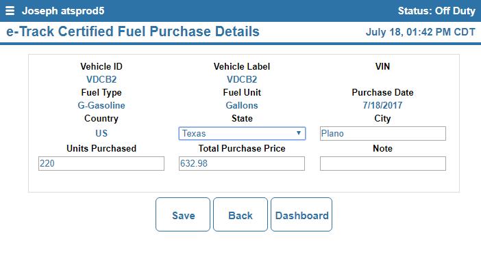 Dashboard Dropdown Menu (continued) IFTA > Fuel Purchases: If enabled, IFTA Fuel Purchases are available from the IFTA Dropdown Menu Item. IFTA is an add-on Module and may not be active for all users.