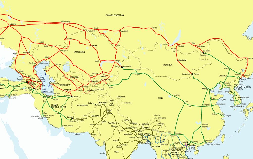 Routes from Korean Peninsula to Europe RUSSIA TSR Route KAZAKHSTAN MONGOLIA TMGR Route TMR Route TCR Route CHINA Due to