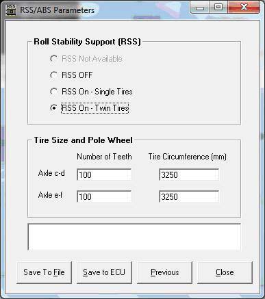 5. From the parameter screen labeled RSS/ABS Parameters, press the Save To ECU button located at the bottom of the window. There is no change in parameters at this screen. Figure 13.