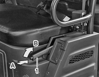 4-22 HAULER 4X4 DIESEL CREW Parking brake lever (1) Parking Brake Lever (A) Down to release with pushing (B) Pull up to set button.
