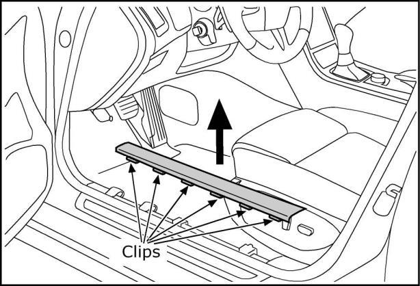 2 2) Clips are located at locations labeled; 1, 2, and A thru D as shown. Note locations and orientations to avoid damage. A B C D Remove trim by pulling vertically Fig.