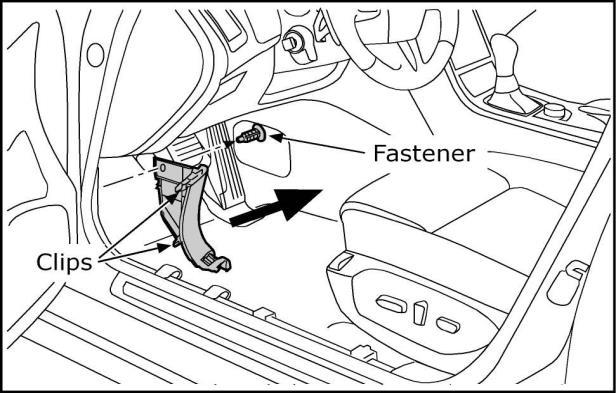 Fig. 4 4) a) Remove carpet from attachment hooks on harness clips. b) Carefully peel back tape disk to expose access hole on inside surface of door sill.