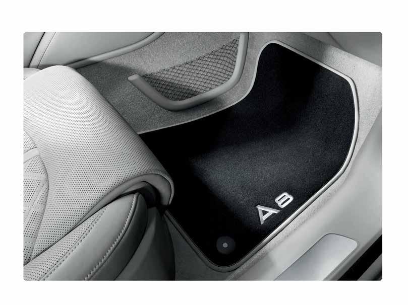 10 11 Comfort and protection 1 2 4 1 Premium textile floor mats Cut to the dimensions of the Audi A8 floor. Made from hard-wearing, densely woven velours.