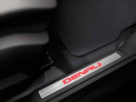 DISTINCTIVE DENALI SEATING Contrasting stitching outlines perforated leather-appointed seating, with an embossed Denali logo on the front seats.
