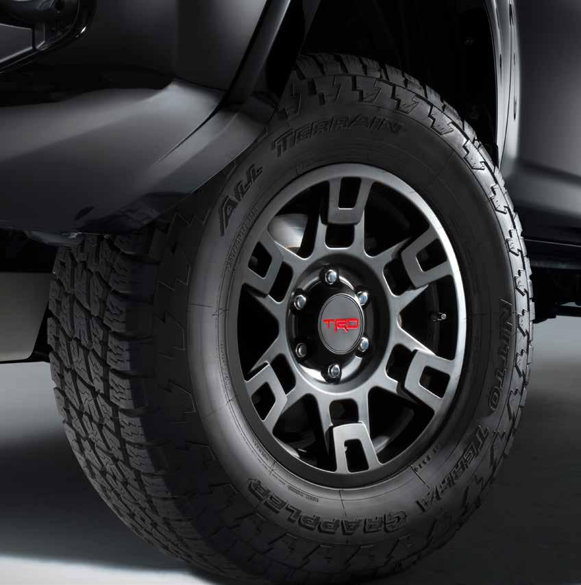 TRD PRO 17-IN. MATTE BLACK ALLOY WHEEL Nothing makes a statement quite like custom wheels. These matte black alloys 10 with the TRD logo center cap throw down while styling up.