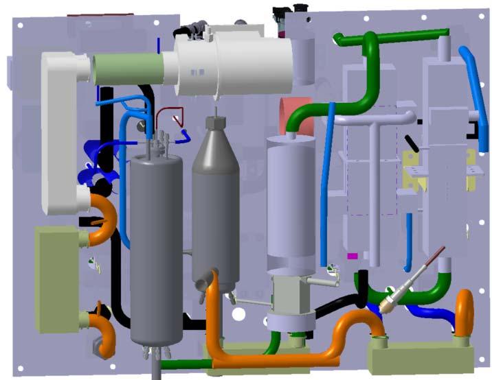 FCGEN APU system schematics (left) fuel processor CAD design (right) In the FPM the Hydrogen rich gas of the quality needed for PEM fuel cells is produced.