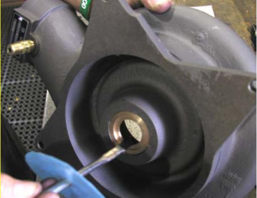 Lightly oil the inside diameter of the pilot bushing, and re-attach the pump casing to the engine (see photo below).