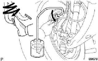 (a) Disconnect the brake lines from the master cylinder. (b) Slowly depress and hold the brake pedal. (c) Cover the outer holes with fingers, and release the brake pedal.