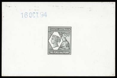 Prestige Philately - Auction No 168 Page: 13 SOUTH AUSTRALIA (continued) 303 P A- Lot 303 1894 Tannenberg 2½d die proof in black on glazed card (92x61mm) with datestamp '16OCT94' in blue at