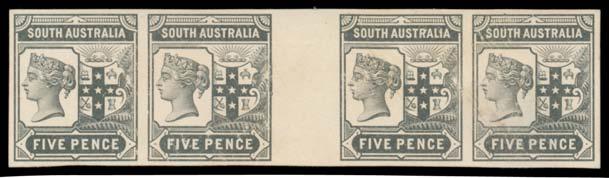 [Two similar 5d proofs each sold for $862 at our auction of 24/10/2009] 600 304 P A Ex Lot 304 1894 Tannenberg 2½d & 5d imperforate plate proof gutter strips & 5d block of 4 all in black on thin