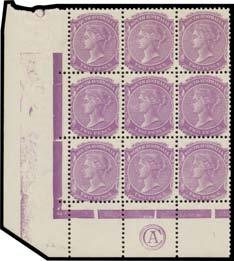 8 in plum. (10 items) 600 Lot 305 305 ** A C1 1905-11 Crown/A 2d violet 'CA' Monogram block of 9 BW #S9zc, unmounted, grossly under-catalogued at $150 (for a mounted strip of 3).