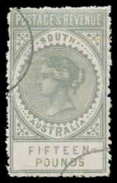 Prestige Philately - Auction No 168 Page: 19 SOUTH AUSTRALIA - The Long Stamps (continued) 326 V A+ B2 Lot 326 1886-96 'POSTAGE & REVENUE' Perf 11½-12½ 15 silver SG 207a, exceptional metallic lustre,