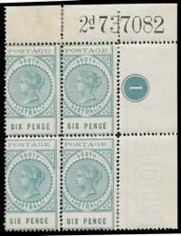 (7) 300 Ex Lot 331 331 **/* A/B 1902-04 Thin 'POSTAGE' upper-right Sheet Number multiples comprising in Black 6d block of 4 with '2d.