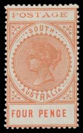Prestige Philately - Auction No 168 Page: 21 SOUTH AUSTRALIA - The Long Stamps (continued) Lot 334 334 * A B1 1902-04 Thin 'POSTAGE' 4d orange-brown with the Watermark Inverted BW #S22a,
