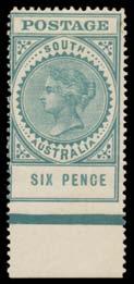 750 Lot 355 355 * A- 1906-12 Crown/A 6d deep blue-green marginal single from the base of the sheet Imperforate at the Base BW #S43Bb, tiny blemish at upper-right, large-part o.g., Cat $1000.