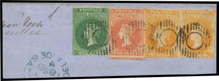 Prestige Philately - Auction No 168 Page: 3 SOUTH AUSTRALIA (continued) 263 F A-/B Lot 263 1855 London Printings 1d dark green SG 1 (3½ margins) in combination with