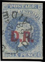 GISTRATION: Red 'D.R.' on Rouletted 6d dull blue, a little cut-into, tied to small piece by GPO cds of JY3/68. Rated RRRR.