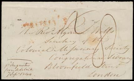 Prestige Philately - Auction No 168 Page: 46 SOUTH AUSTRALIA - Postal History (continued) 432 C A- Lot 432 1844 outer to the Colonial Missionary Society in London "p Augustus/from Adelaide/7 Sept